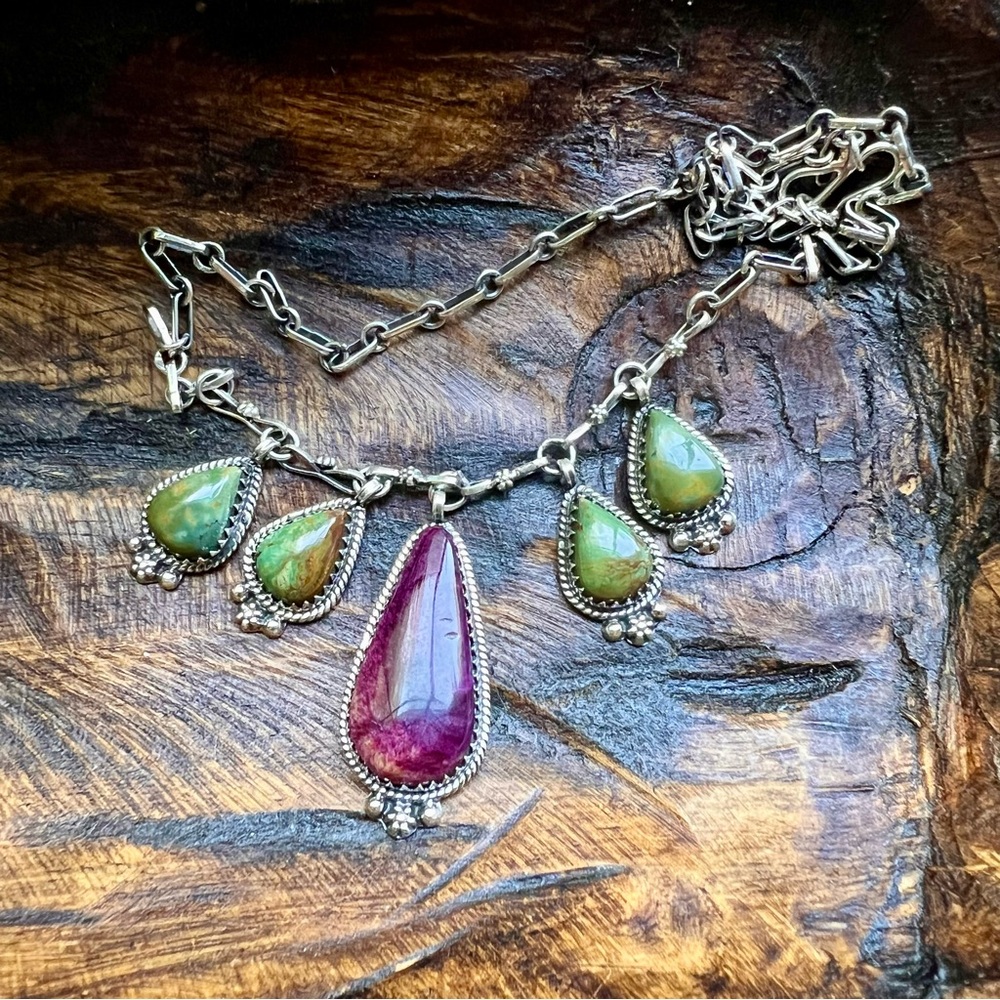 925 Sterling Silver Kingman Turquoise & Purple Spiny Oyster Necklace